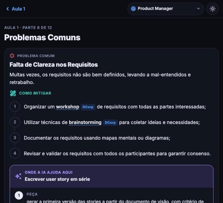 Tela do PDTech para Product Manager: Product Manager, fase 1. O problema, a saída em passos e onde a IA ajuda.