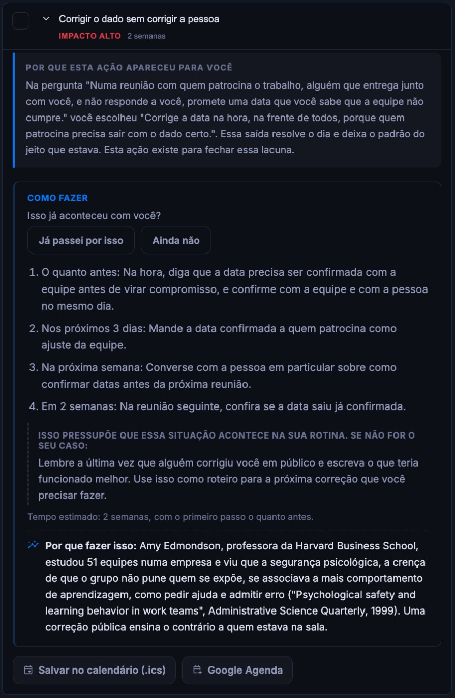 Tela real do PDTech: Cada ação cita a resposta que você deu, explica o passo a passo e mostra o estudo que sustenta a ação.