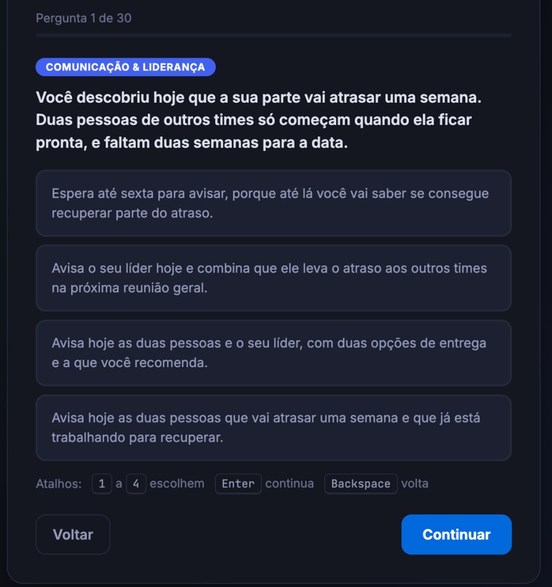 Tela real do PDTech: pergunta 1 de 30, uma situação do pilar Comunicação com quatro saídas possíveis.