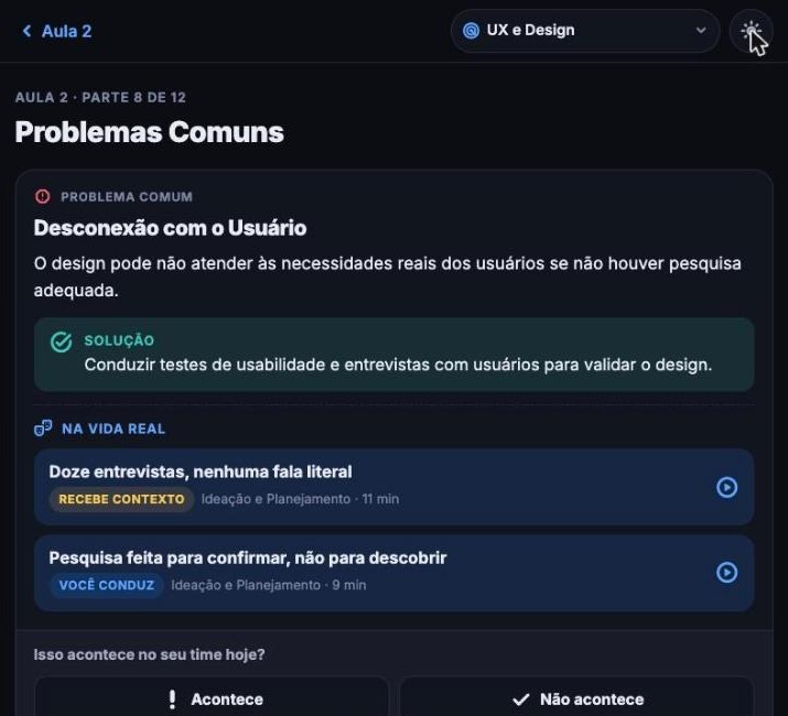 Tela do PDTech para Design de experiência (UX): Design de experiência (UX), fase 2. O problema, a solução e as situações do dia a dia.